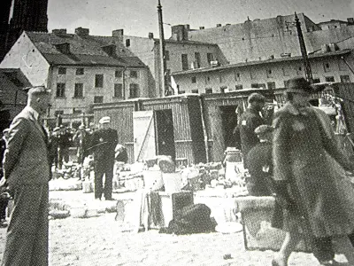 The old Baluty Market of Lodz in a historic photo displayed in a Jewish restaurant.
