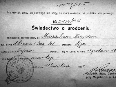 Birth certificate of Menachem Majranc, supplement to the land registry entry for the house at Nowomiejska Street 35 in Lodz. © Anemone Rüger
