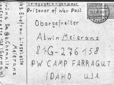 Grandma’s postcard to Camp Farragut, Idaho, spring of 1946. © Anemone Rüger
