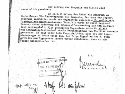 Report provided by the 191st Grenadier Regiment to the Court of the 71st Infantry Division dated Oct. 9, 1944, indicating the suspicion that Private 1st Class Meieranz had “defected to the enemy.” Source: Deutsche Dienststelle, file of Alwin Meieranz. © Anemone Rüger